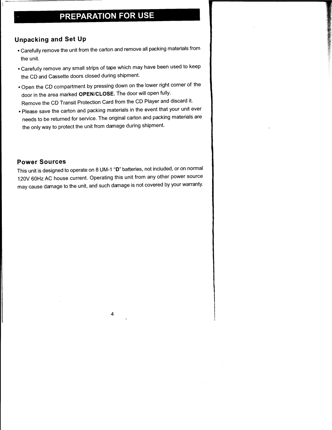 Emerson PD9127 owner manual Unpacking and Set UP, Power Sources 