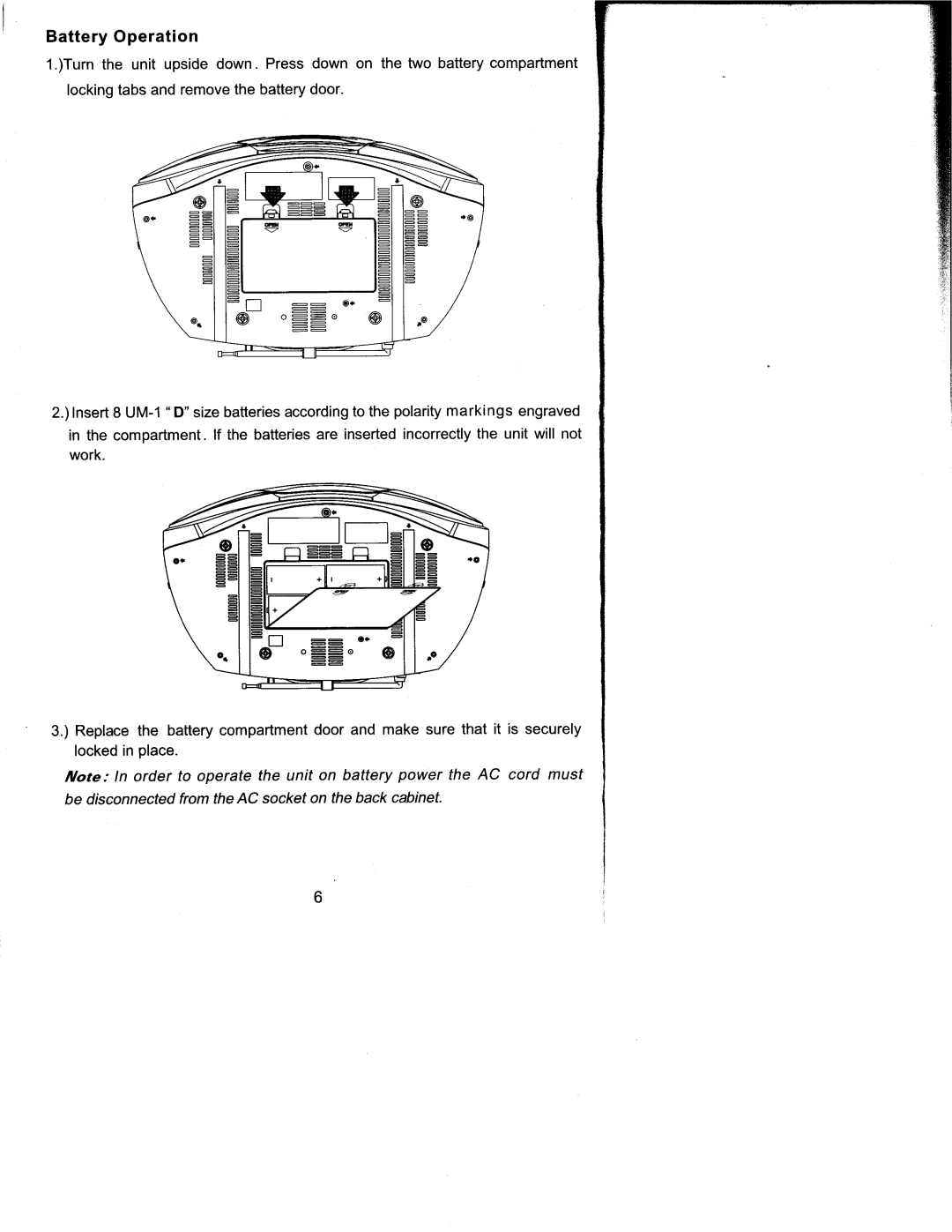 Emerson PD9127 owner manual Battery Operation, Be disconnected from the AC socket on the back cabinet 