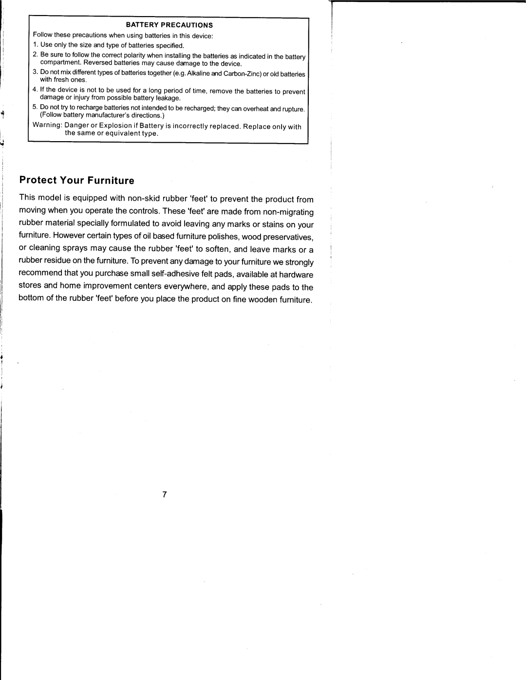 Emerson PD9127 owner manual Protect Your Furniture, Battery Precautions 