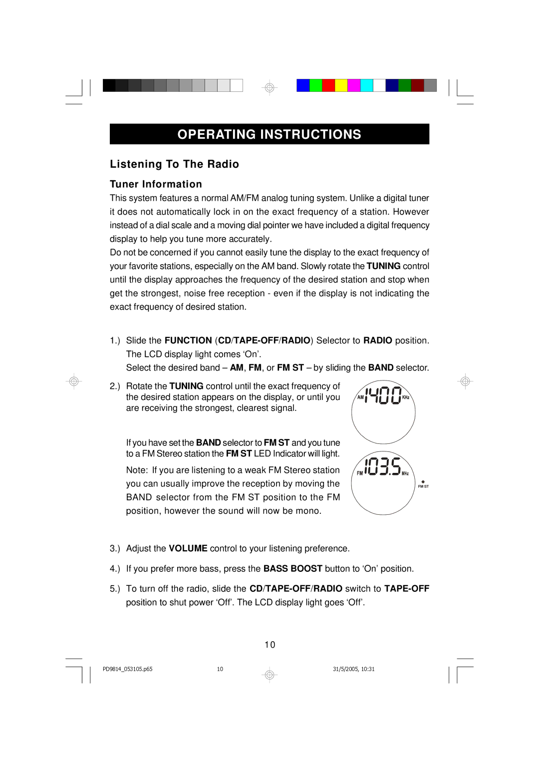 Emerson PD9814 owner manual Operating Instructions, Listening To The Radio, Tuner Information 