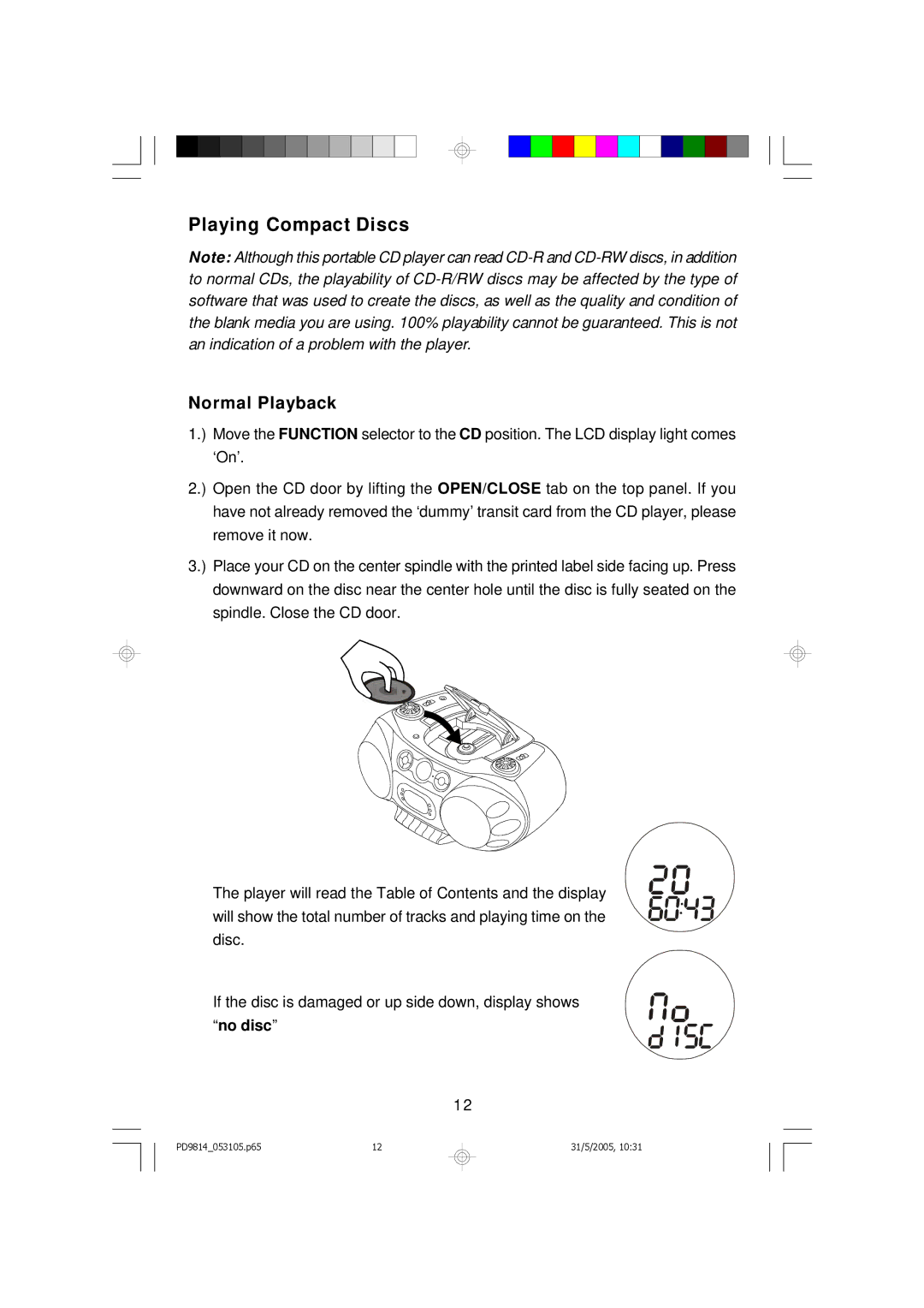 Emerson PD9814 owner manual Playing Compact Discs, Normal Playback 