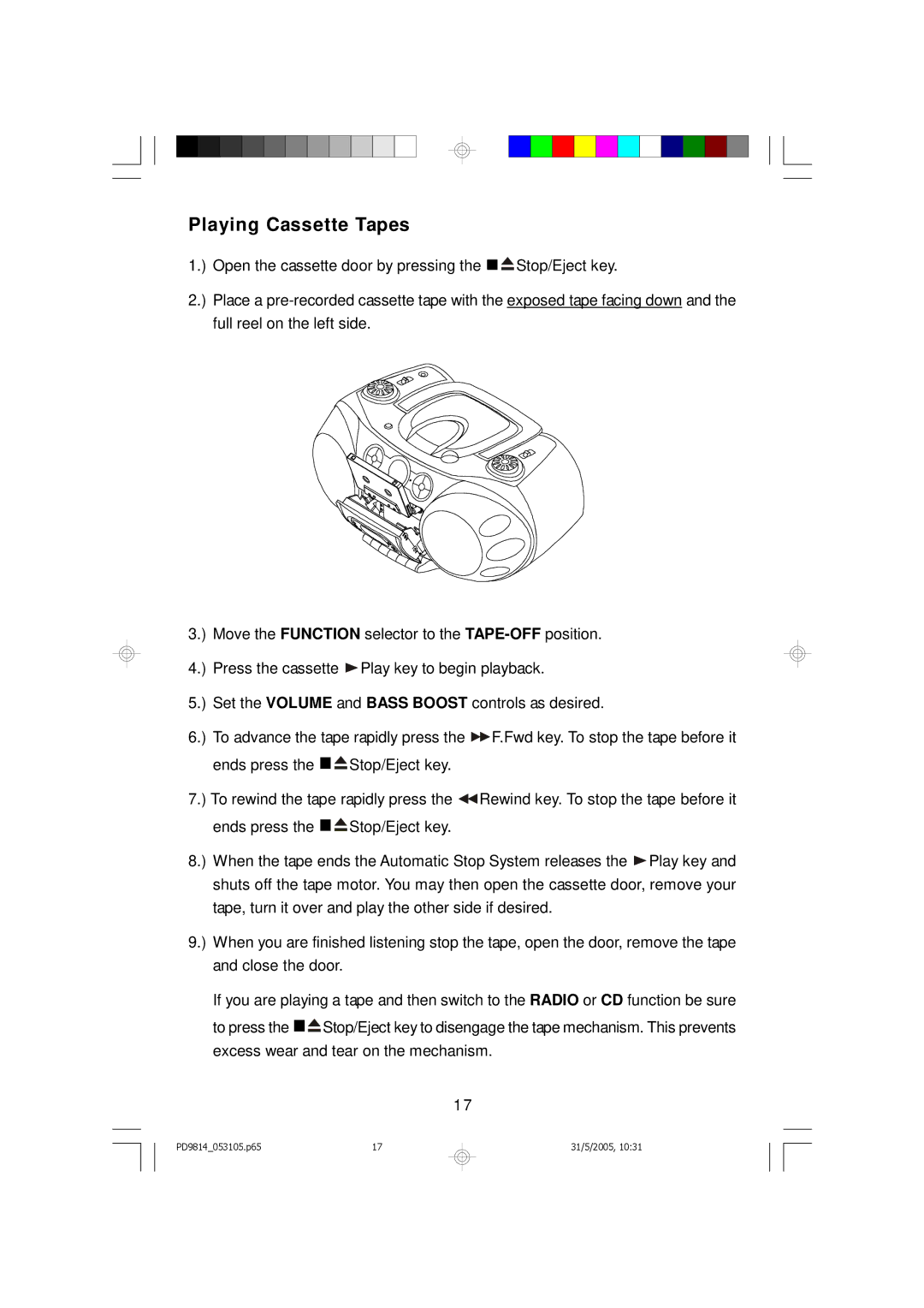 Emerson PD9814 owner manual Playing Cassette Tapes 