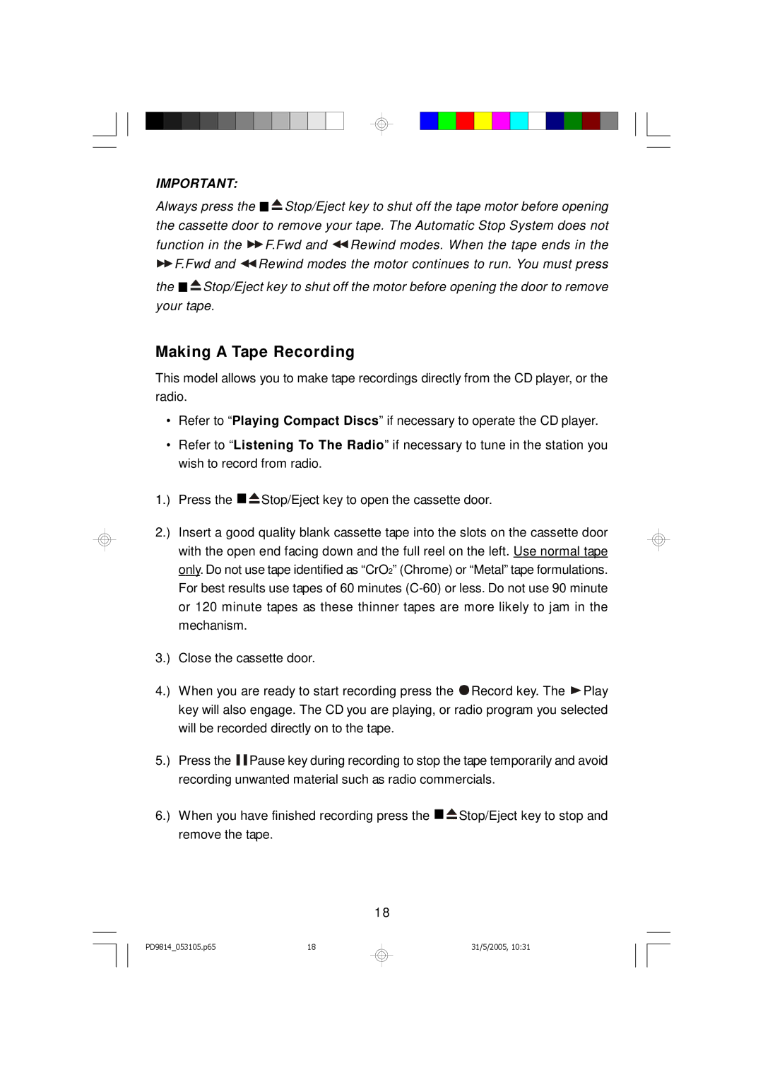 Emerson PD9814 owner manual Making a Tape Recording 