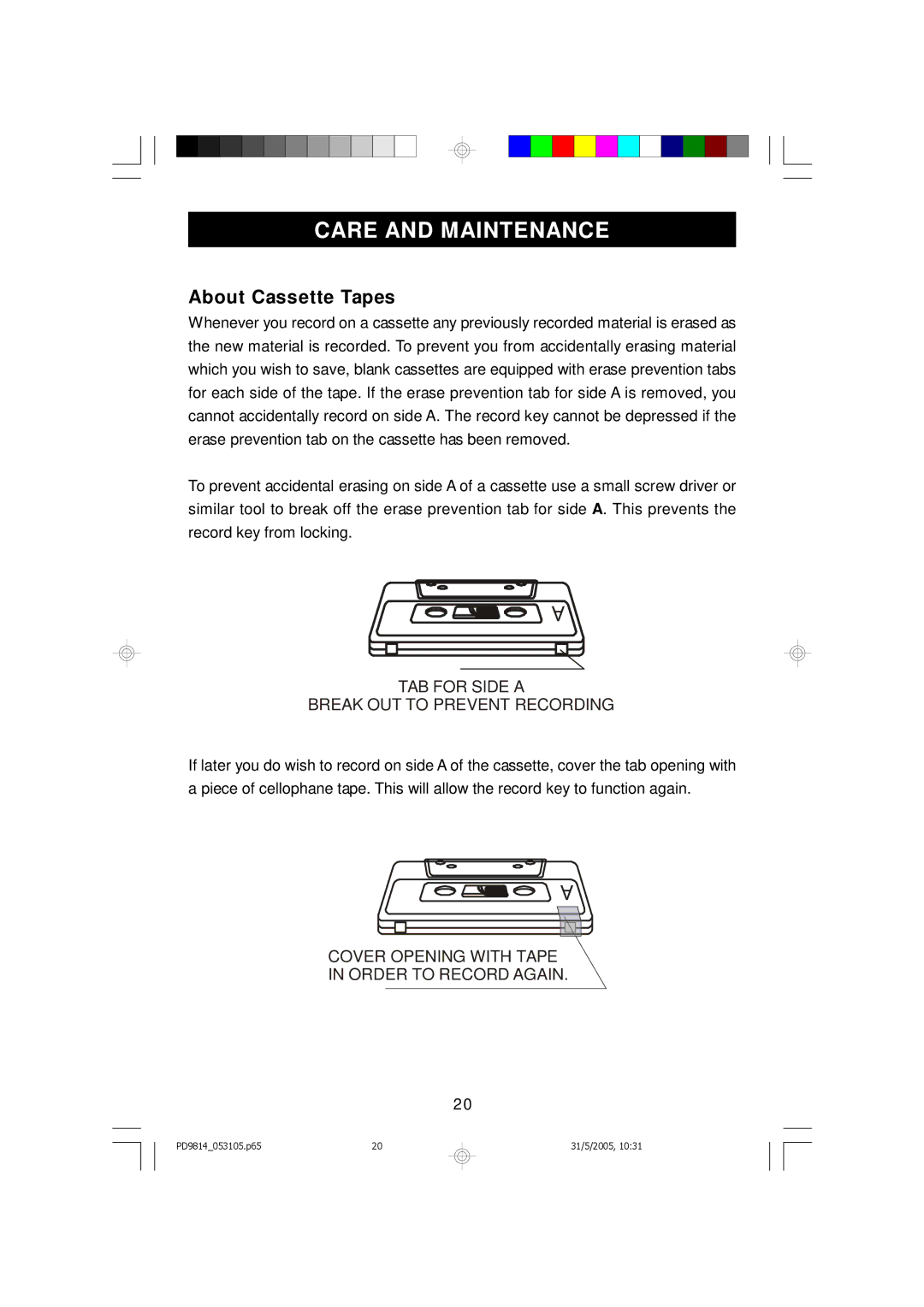 Emerson PD9814 owner manual Care and Maintenance, About Cassette Tapes 