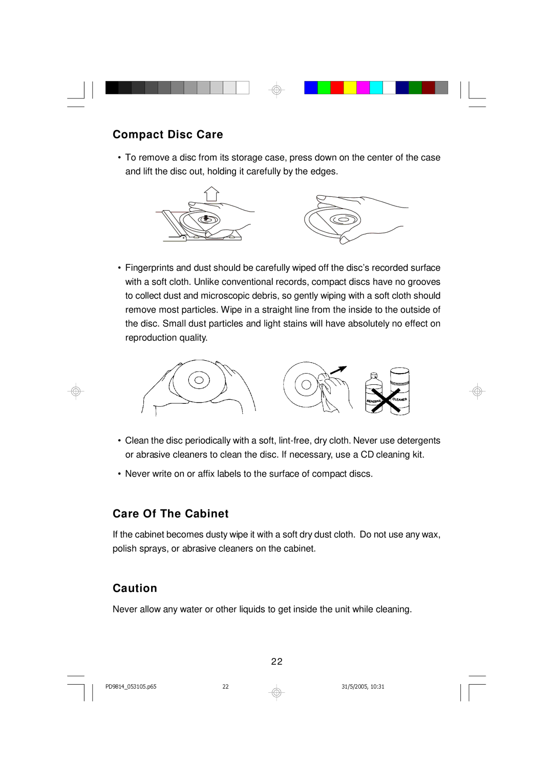 Emerson PD9814 owner manual Compact Disc Care, Care Of The Cabinet 