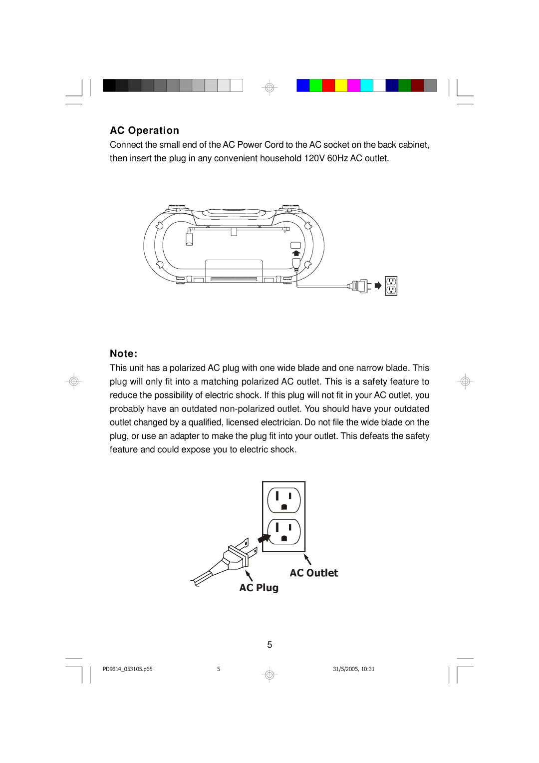 Emerson PD9814 owner manual AC Operation, AC Outlet AC Plug 