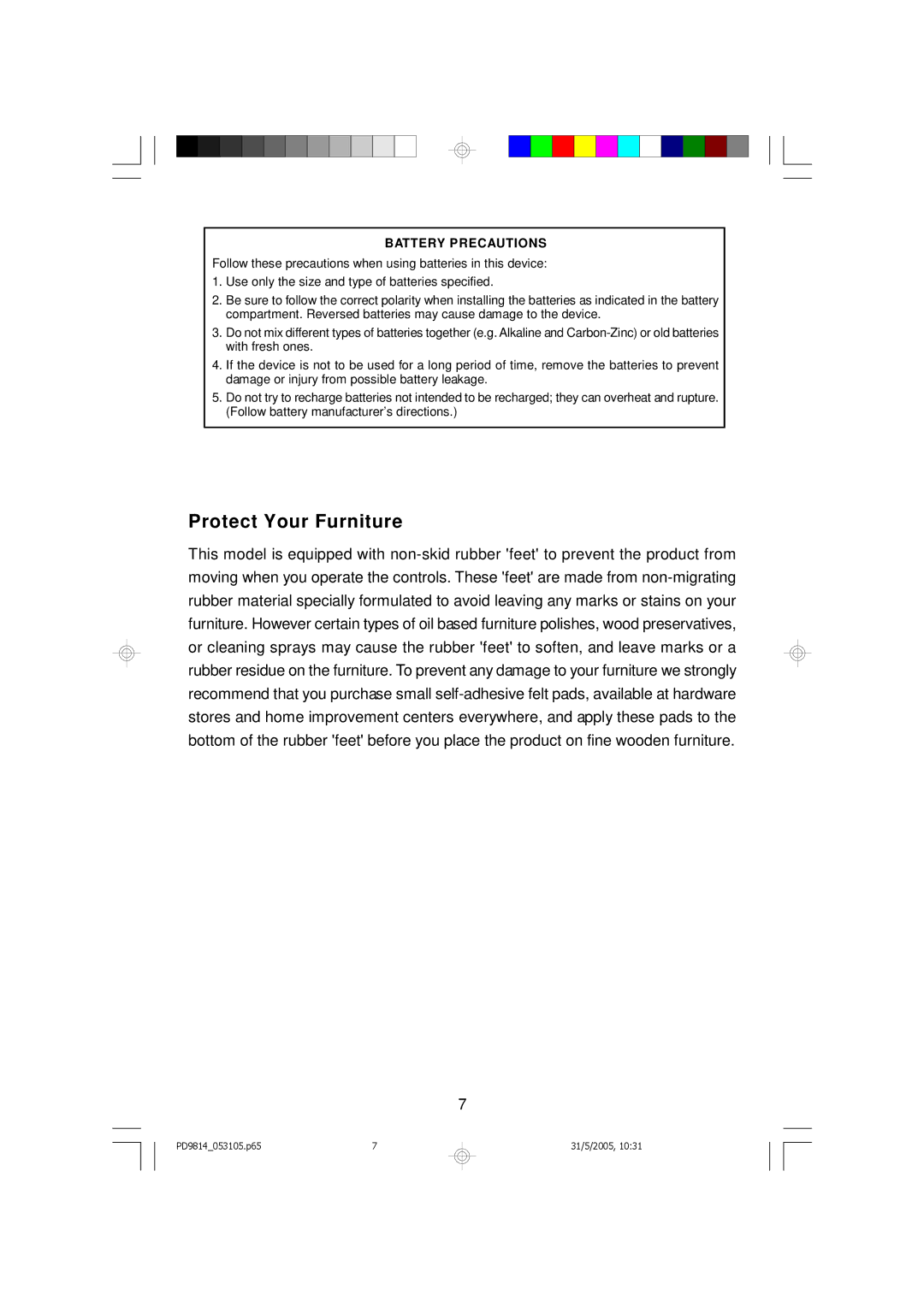 Emerson PD9814 owner manual Protect Your Furniture, Battery Precautions 