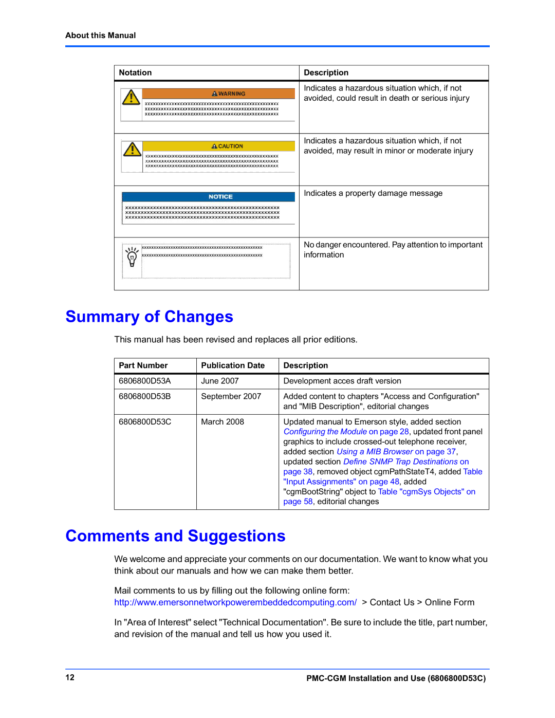 Emerson PMC-CGM manual Summary of Changes, Comments and Suggestions, About this Manual Notation Description 