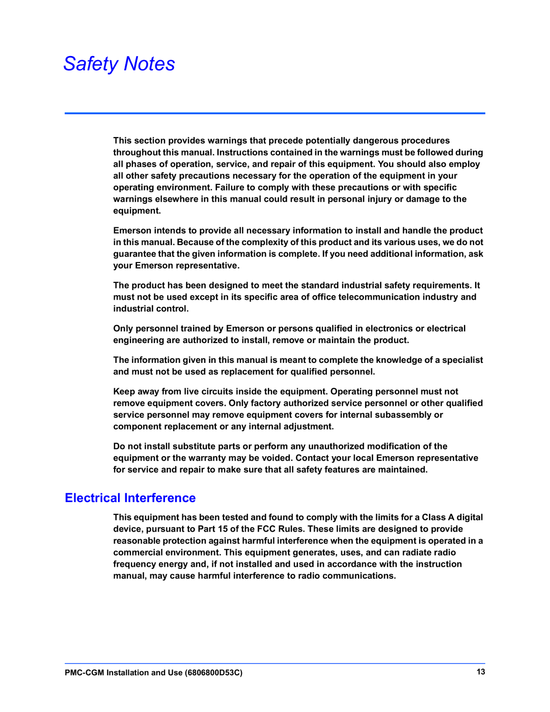 Emerson PMC-CGM manual Safety Notes, Electrical Interference 