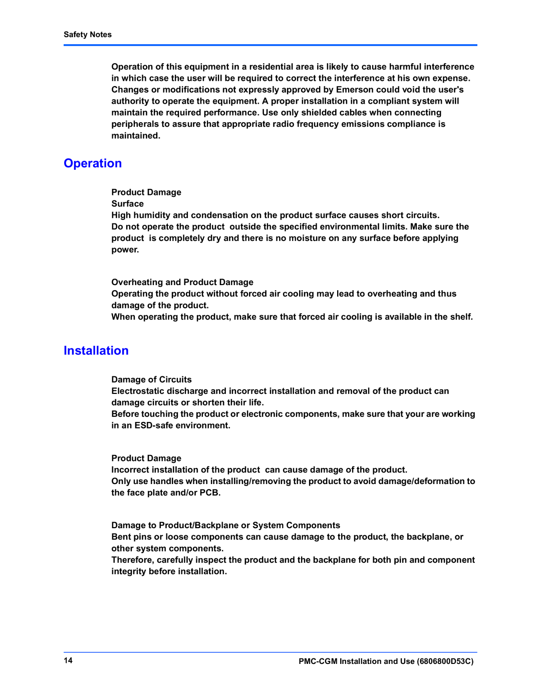 Emerson PMC-CGM manual Operation, Installation, Safety Notes 