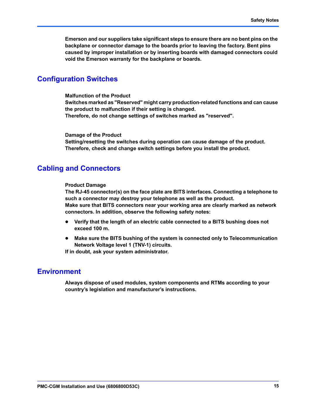 Emerson PMC-CGM manual Configuration Switches, Cabling and Connectors, Environment 