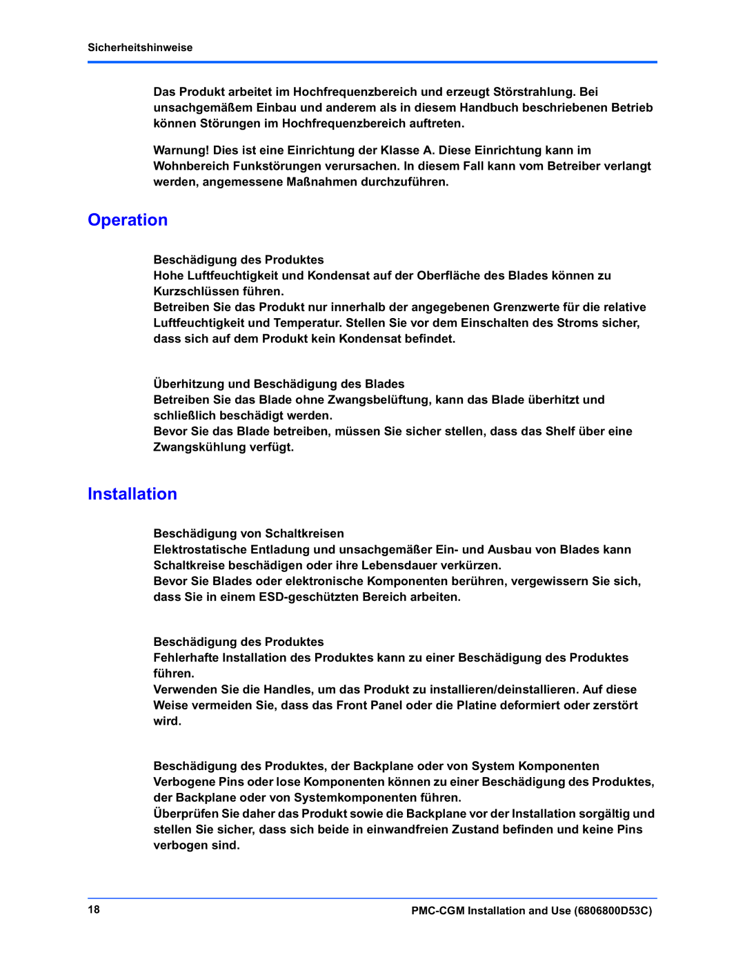 Emerson PMC-CGM manual Operation, Sicherheitshinweise 