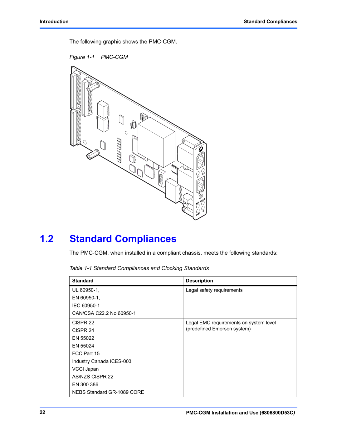 Emerson PMC-CGM Standard Compliances and Clocking Standards, Introduction Standard Compliances, Standard Description 