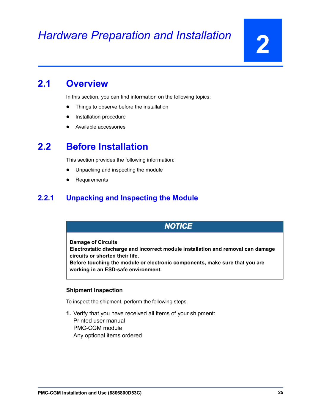 Emerson PMC-CGM Hardware Preparation and Installation, Overview, Before Installation, Unpacking and Inspecting the Module 