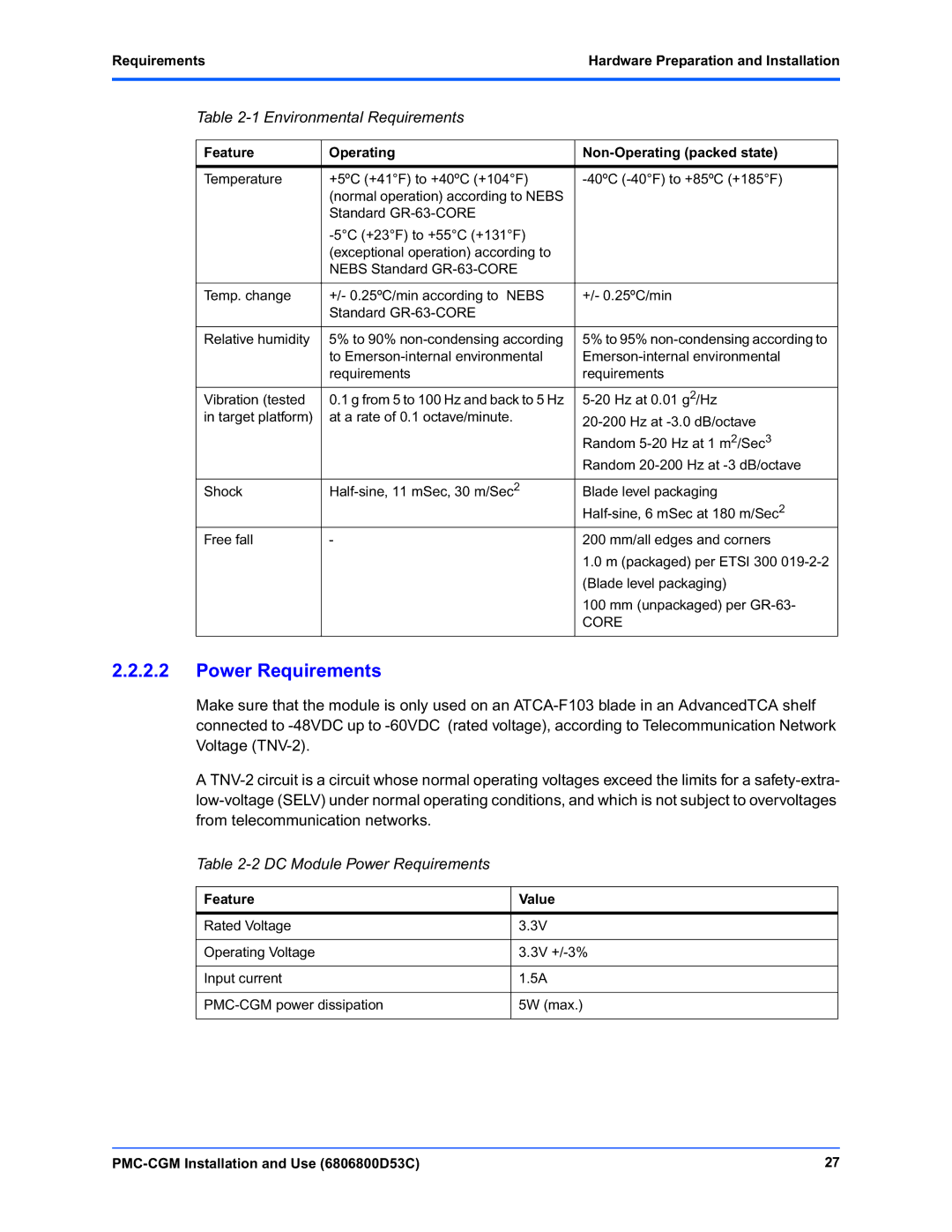 Emerson PMC-CGM Environmental Requirements, DC Module Power Requirements, Feature Operating Non-Operating packed state 