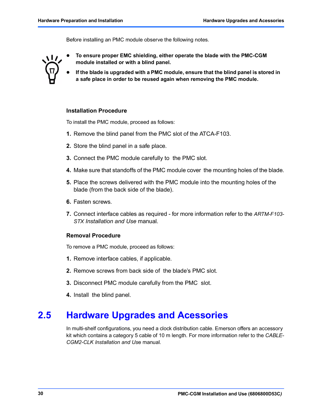 Emerson PMC-CGM manual Hardware Upgrades and Acessories, Installation Procedure, Removal Procedure 