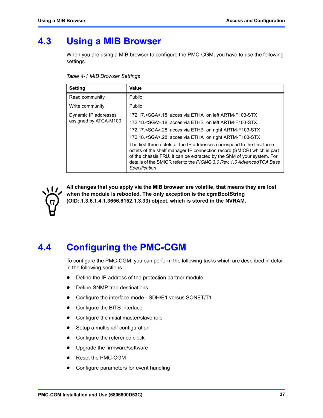 Emerson manual Using a MIB Browser, Configuring the PMC-CGM, MIB Browser Settings, Setting Value 