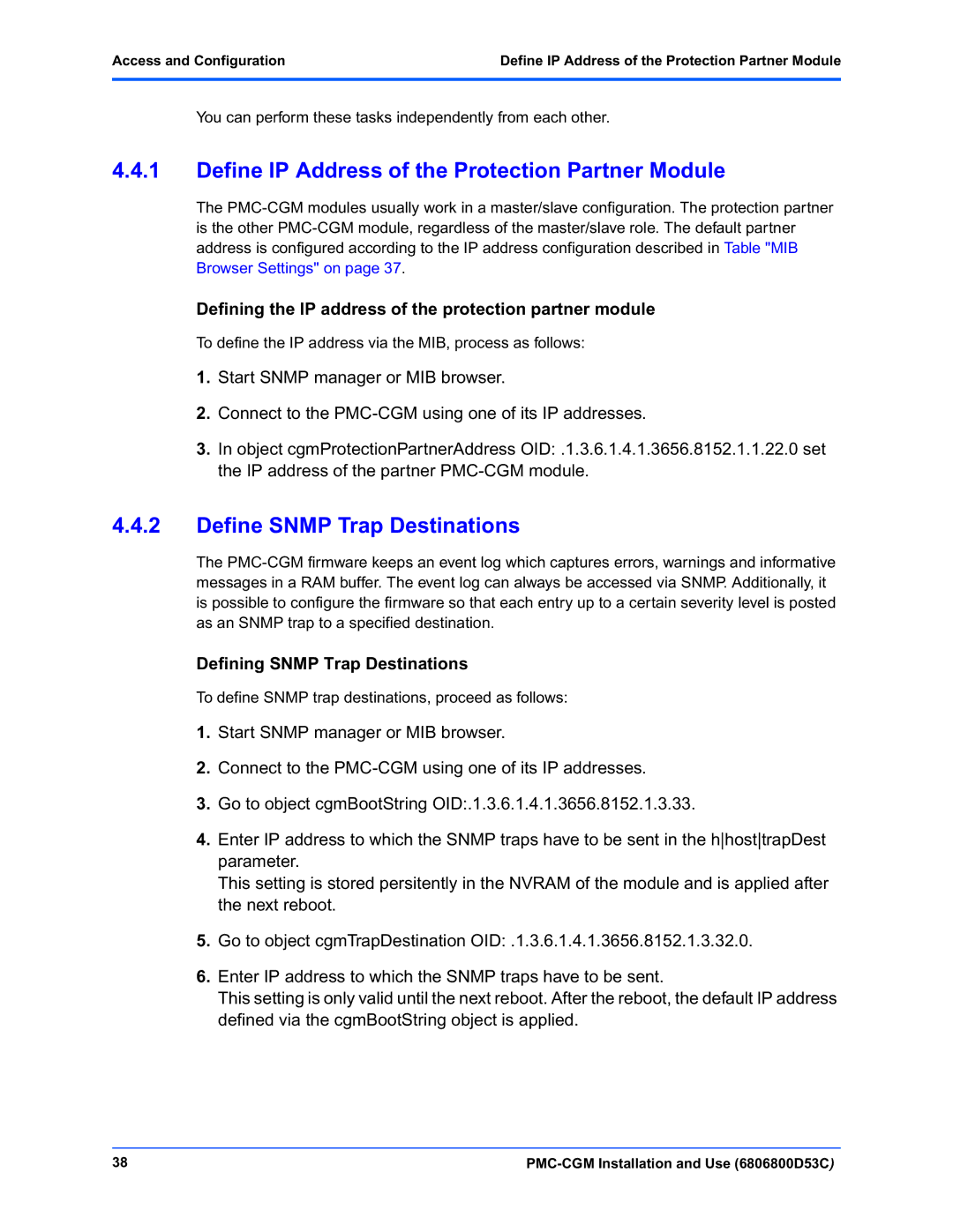 Emerson PMC-CGM manual Define IP Address of the Protection Partner Module, Define Snmp Trap Destinations 