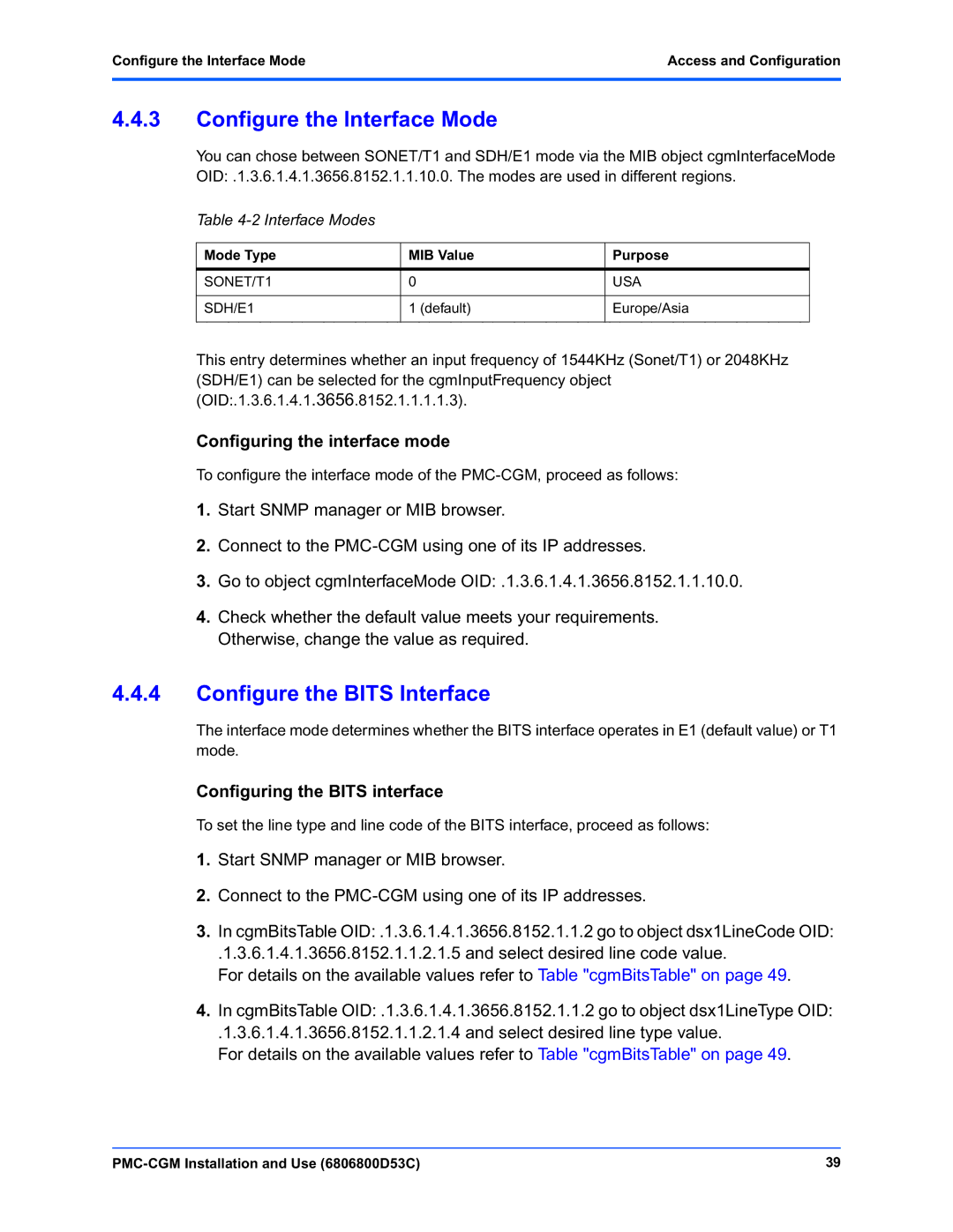 Emerson PMC-CGM manual Configure the Interface Mode, Configure the Bits Interface, Configuring the interface mode 