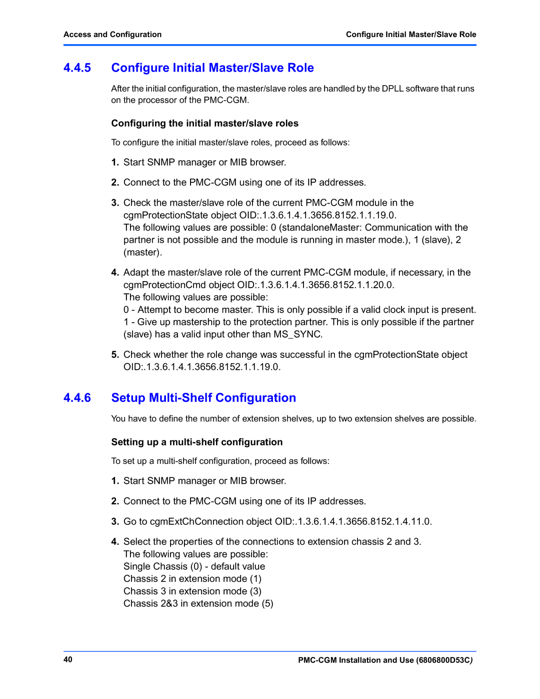 Emerson PMC-CGM manual Configure Initial Master/Slave Role, Setup Multi-Shelf Configuration 