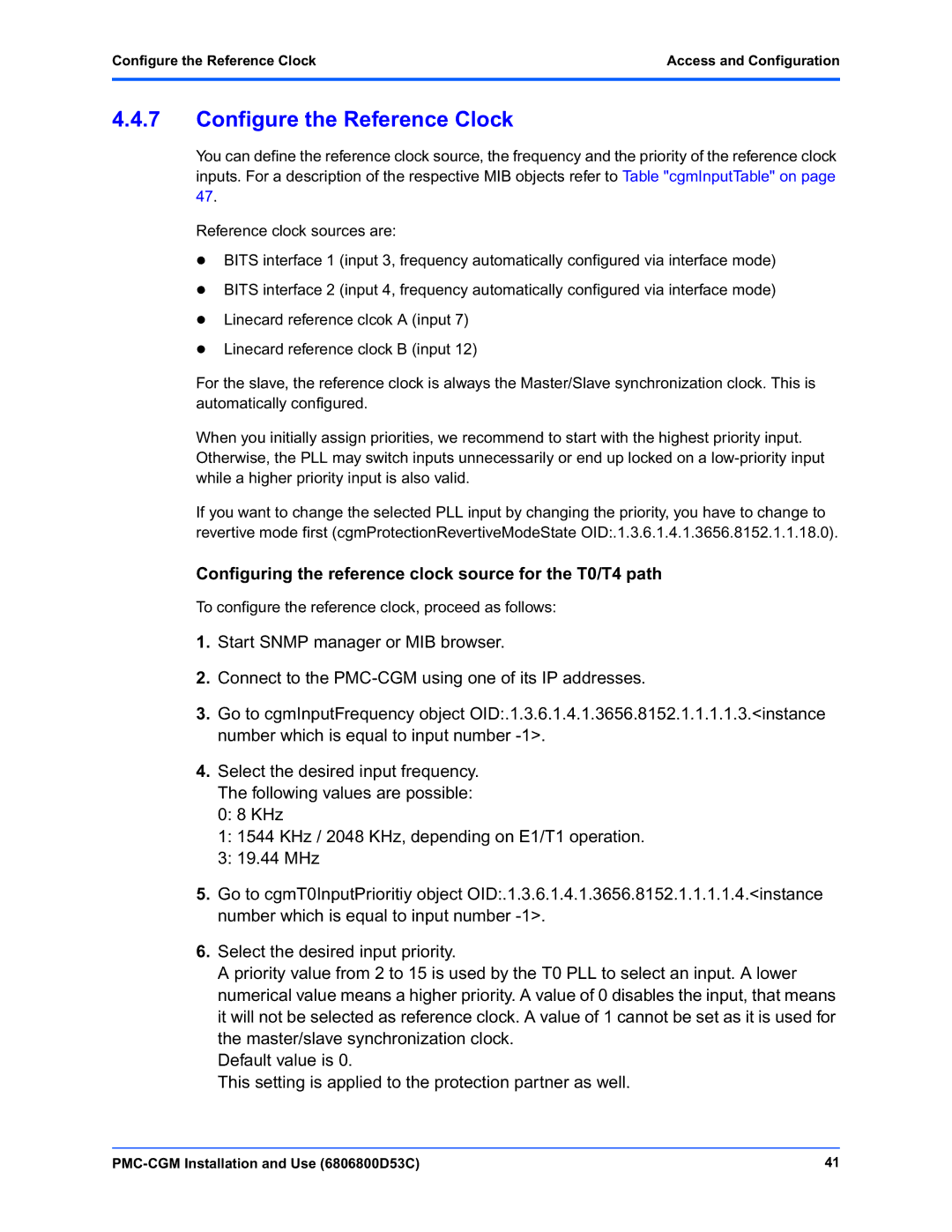 Emerson PMC-CGM manual Configure the Reference Clock, Configuring the reference clock source for the T0/T4 path 