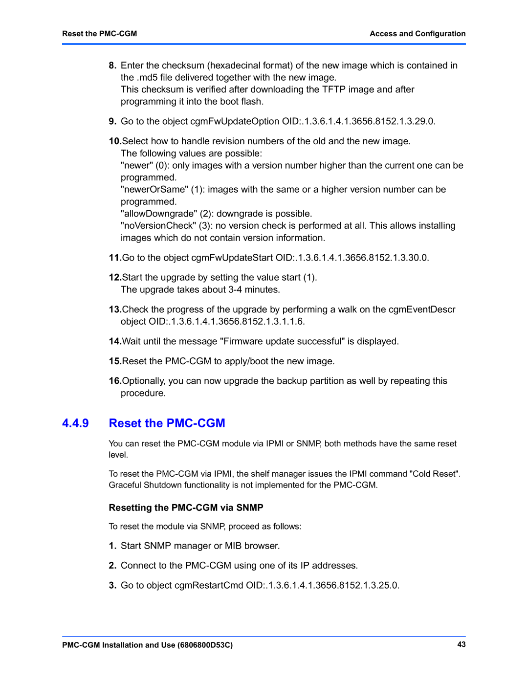 Emerson manual Resetting the PMC-CGM via Snmp, Reset the PMC-CGM Access and Configuration 