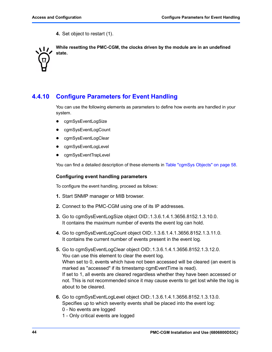 Emerson PMC-CGM manual Configure Parameters for Event Handling, Configuring event handling parameters 