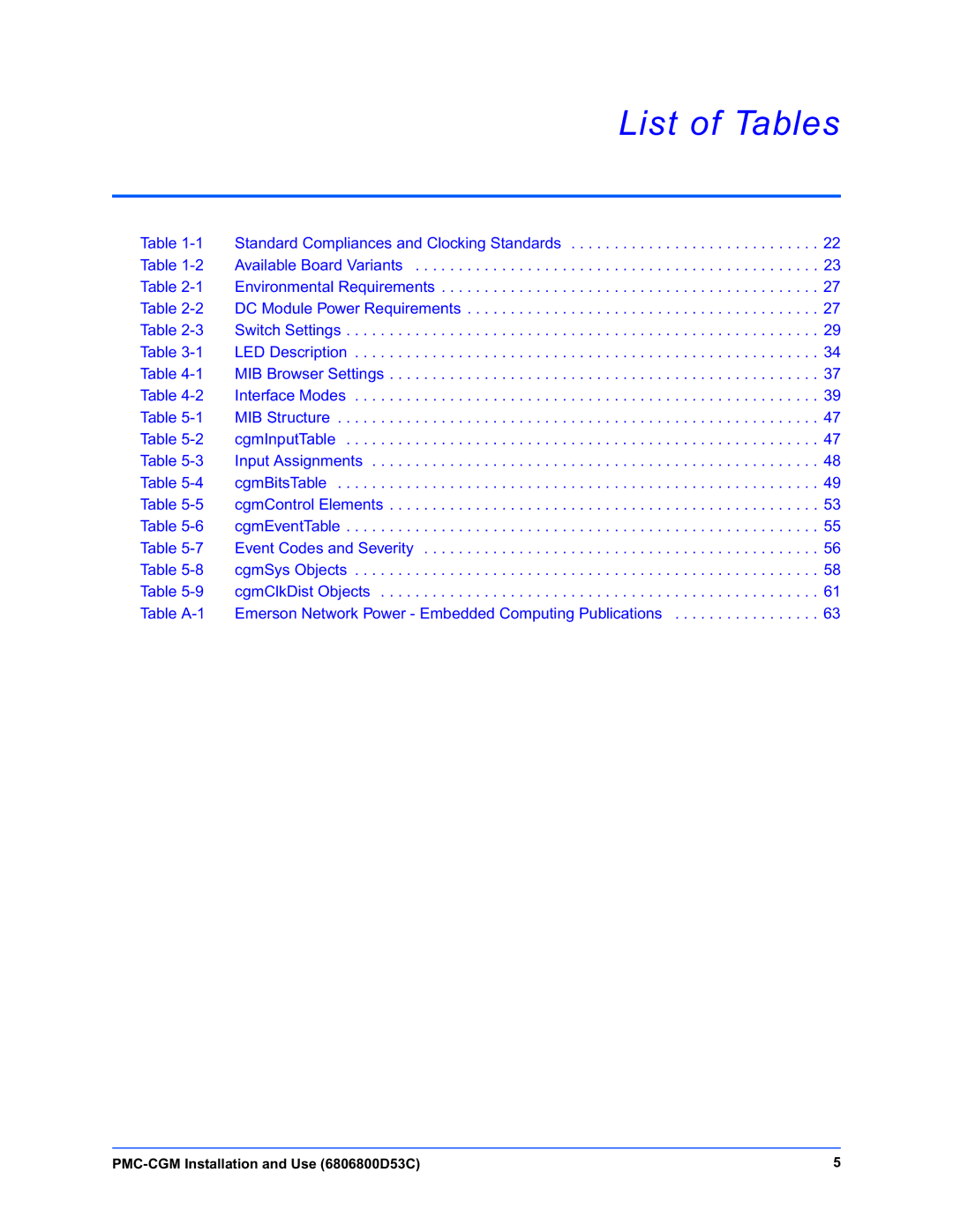 Emerson PMC-CGM manual List of Tables 