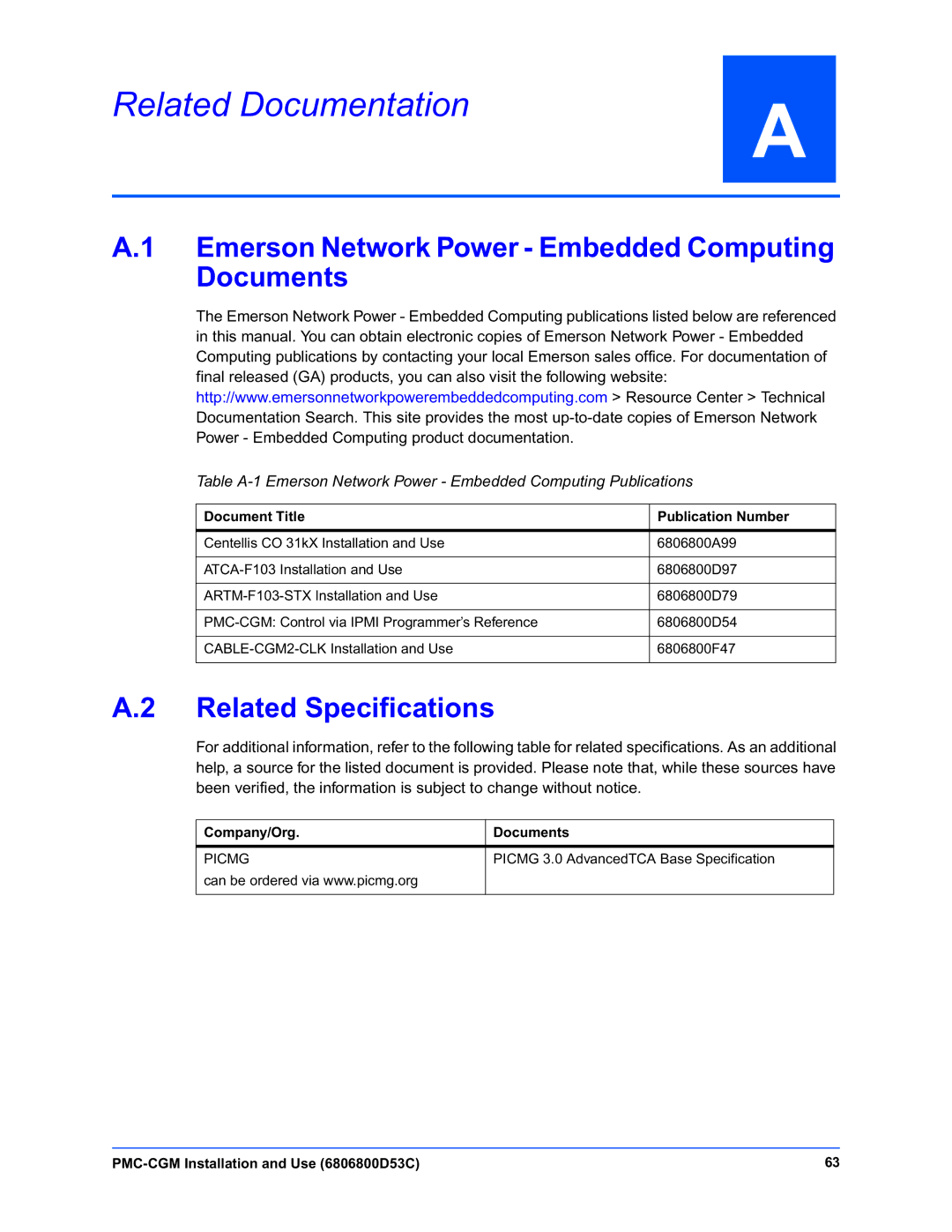 Emerson PMC-CGM manual Related Documentation, Emerson Network Power Embedded Computing Documents, Related Specifications 