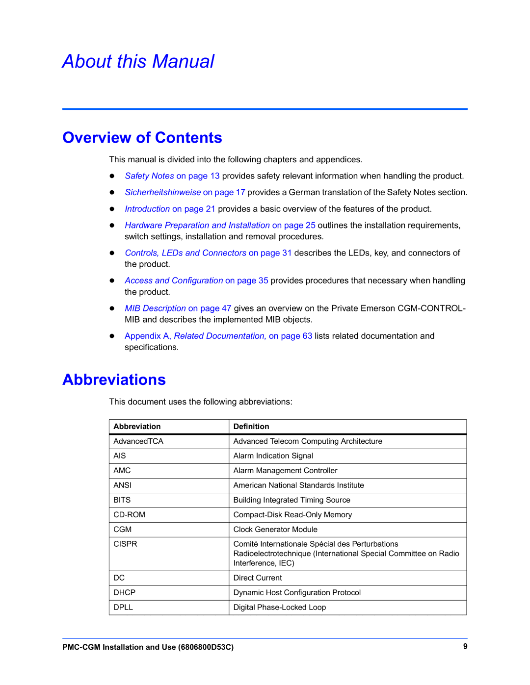 Emerson PMC-CGM manual About this Manual, Overview of Contents, Abbreviations 