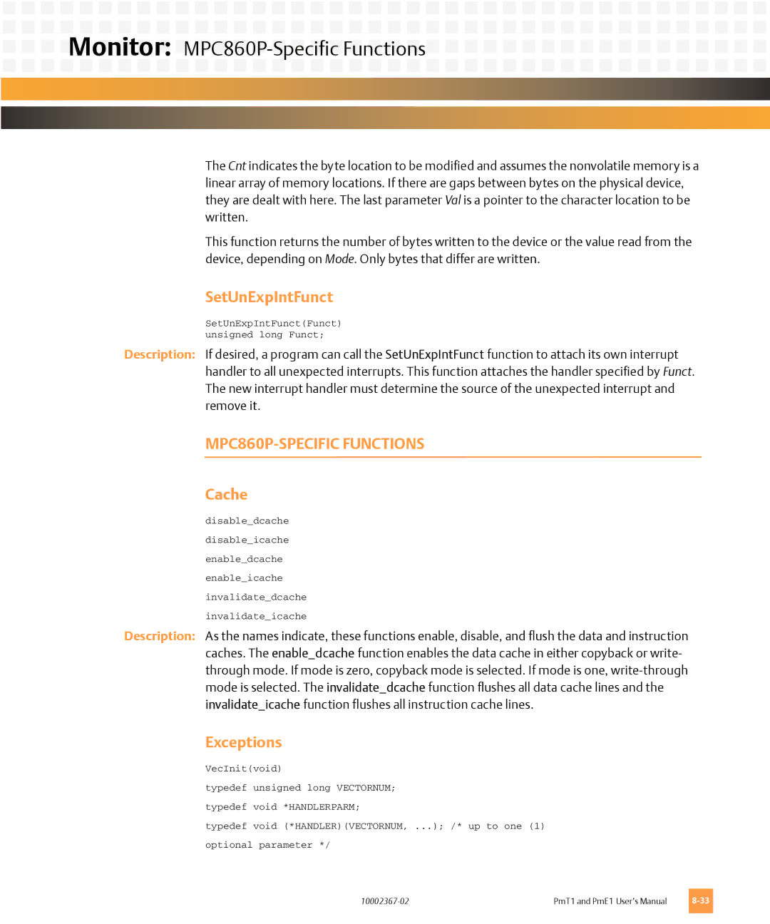 Emerson PMT1, PME1 Monitor MPC860P-Specific Functions, SetUnExpIntFunct, MPC860P-SPECIFIC Functions, Cache, Exceptions 