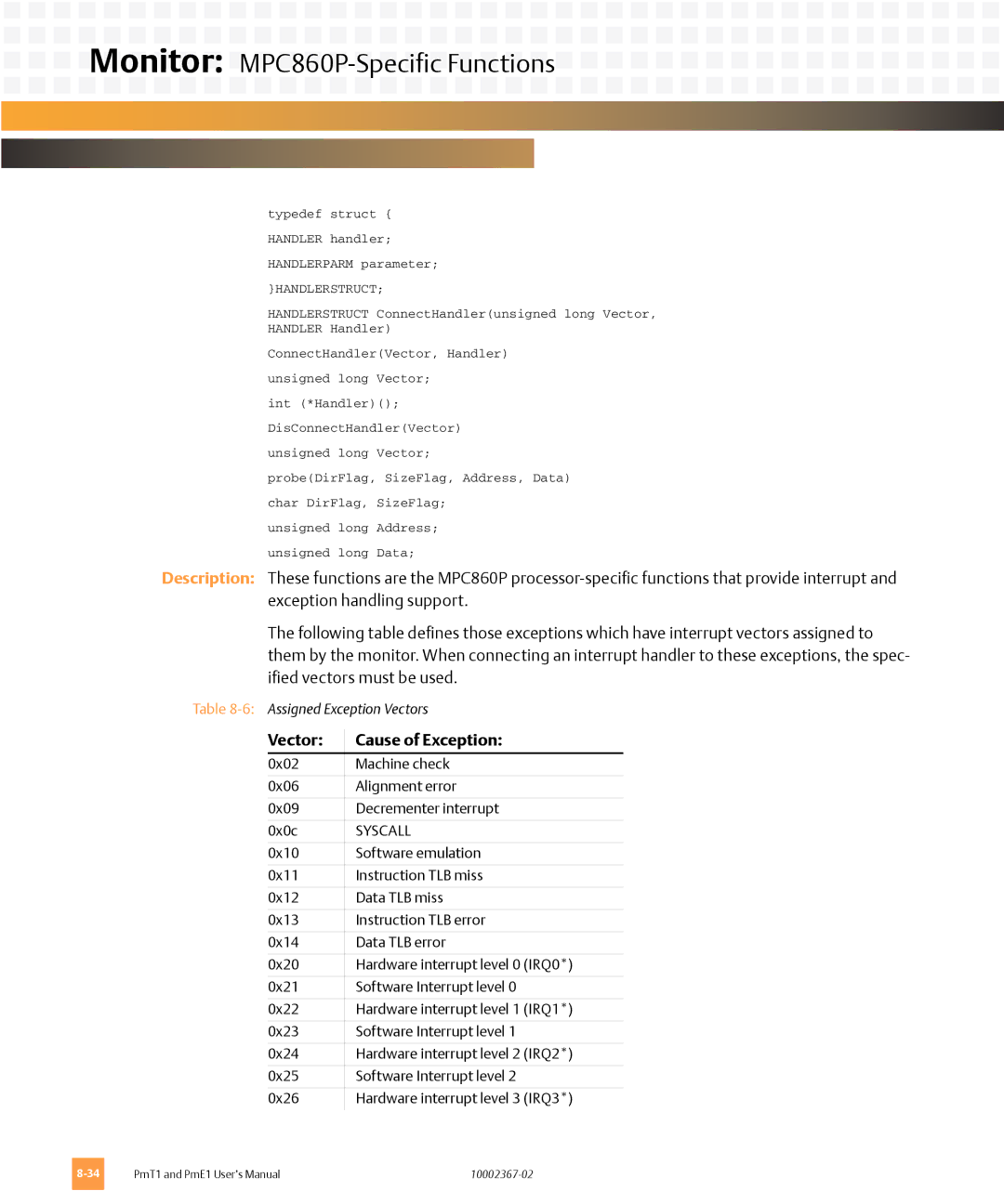 Emerson PME1, PMT1 user manual Vector Cause of Exception, Handlerstruct 