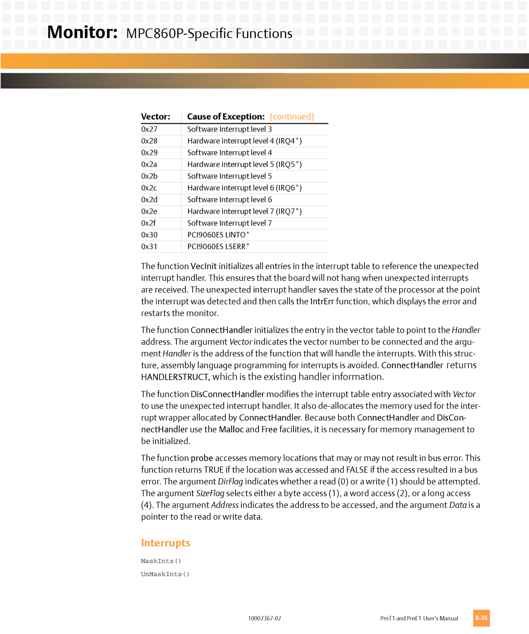 Emerson PMT1, PME1 user manual Interrupts, HANDLERSTRUCT, which is the existing handler information 