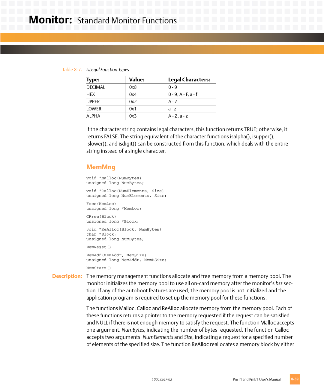 Emerson PMT1, PME1 user manual MemMng, Type Value Legal Characters 