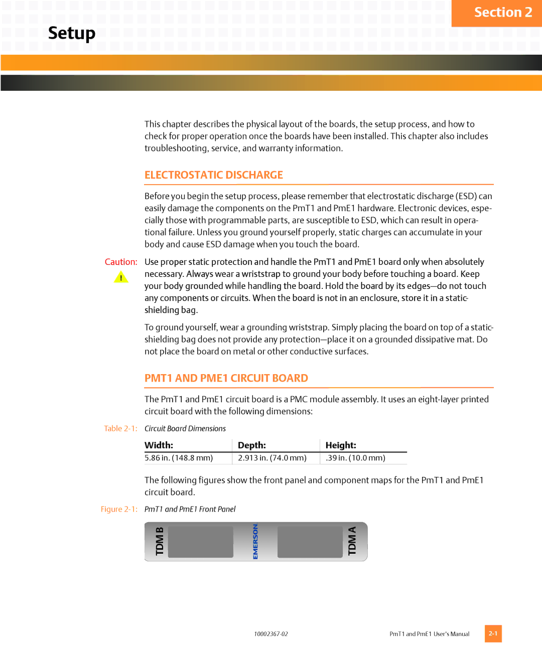 Emerson user manual Setup, Electrostatic Discharge, PMT1 and PME1 Circuit Board, Width Depth Height 