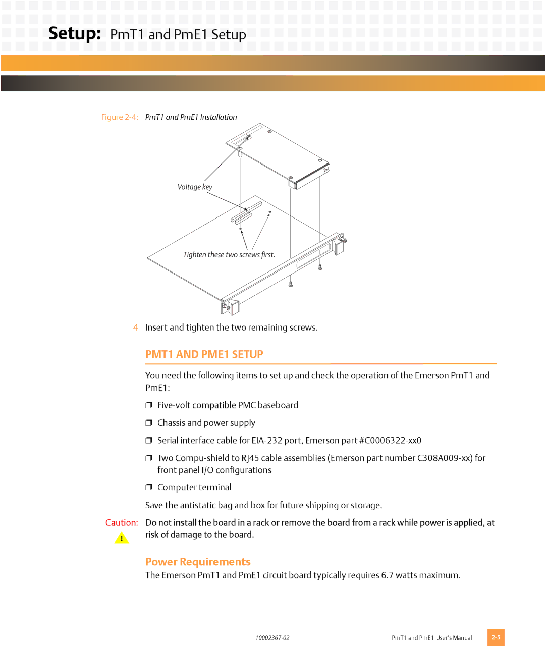 Emerson user manual Setup PmT1 and PmE1 Setup, PMT1 and PME1 Setup, Power Requirements 