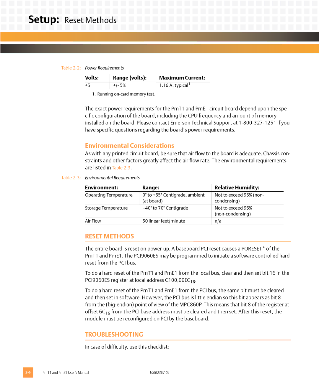 Emerson PME1, PMT1 user manual Setup Reset Methods, Environmental Considerations, Troubleshooting 