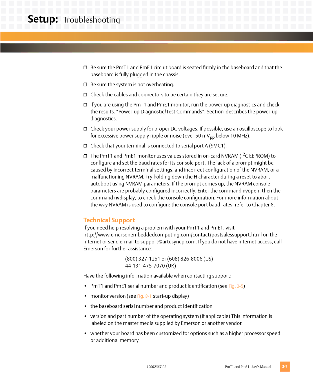 Emerson PMT1, PME1 user manual Setup Troubleshooting, Technical Support 