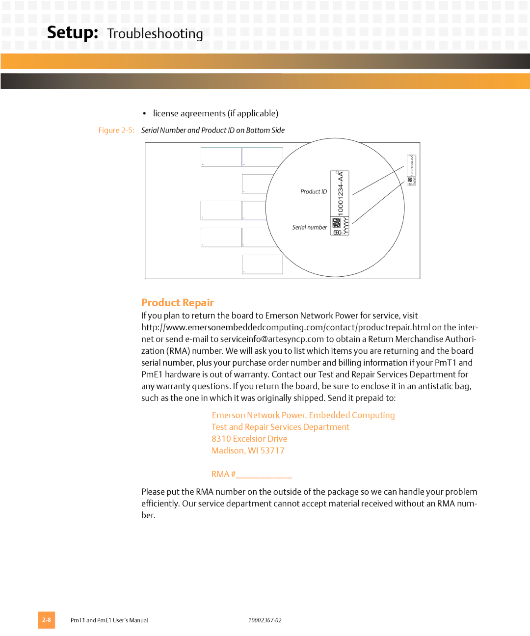 Emerson PME1, PMT1 user manual Product Repair, 5Serial Number and Product ID on Bottom Side 