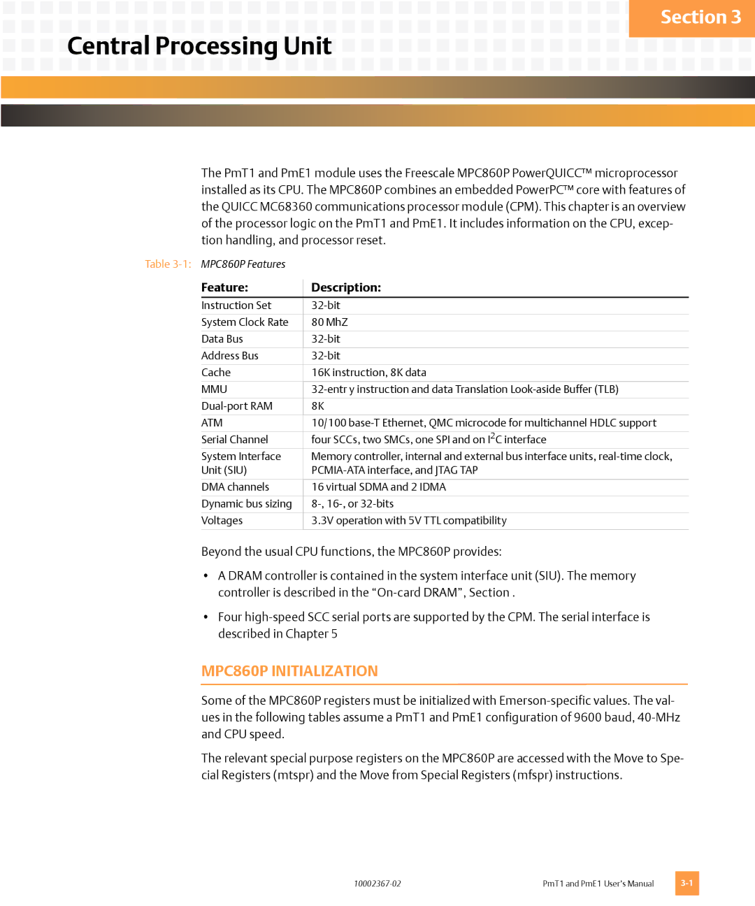 Emerson PMT1, PME1 user manual Central Processing Unit, MPC860P Initialization, Feature Description 