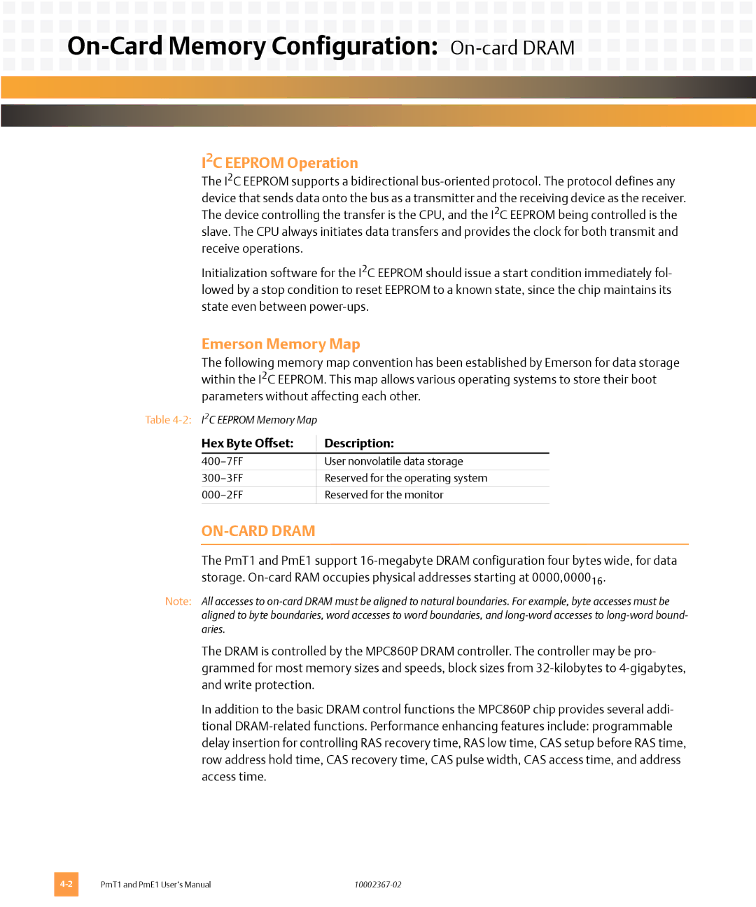 Emerson PME1, PMT1 On-Card Memory Configuration On-card Dram, I2C Eeprom Operation, Emerson Memory Map, ON-CARD Dram 