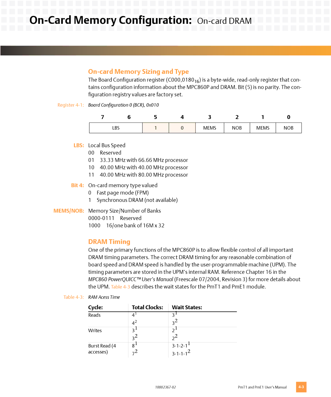 Emerson PMT1, PME1 user manual On-card Memory Sizing and Type, Dram Timing, Cycle Total Clocks Wait States 