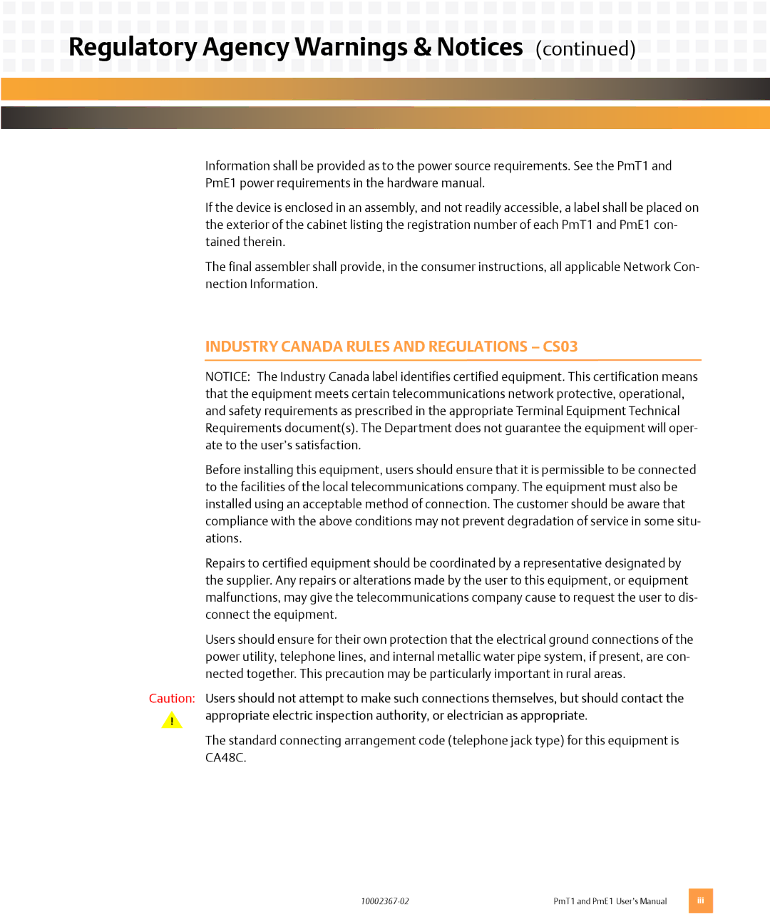 Emerson PMT1, PME1 user manual Industry Canada Rules and Regulations CS03 