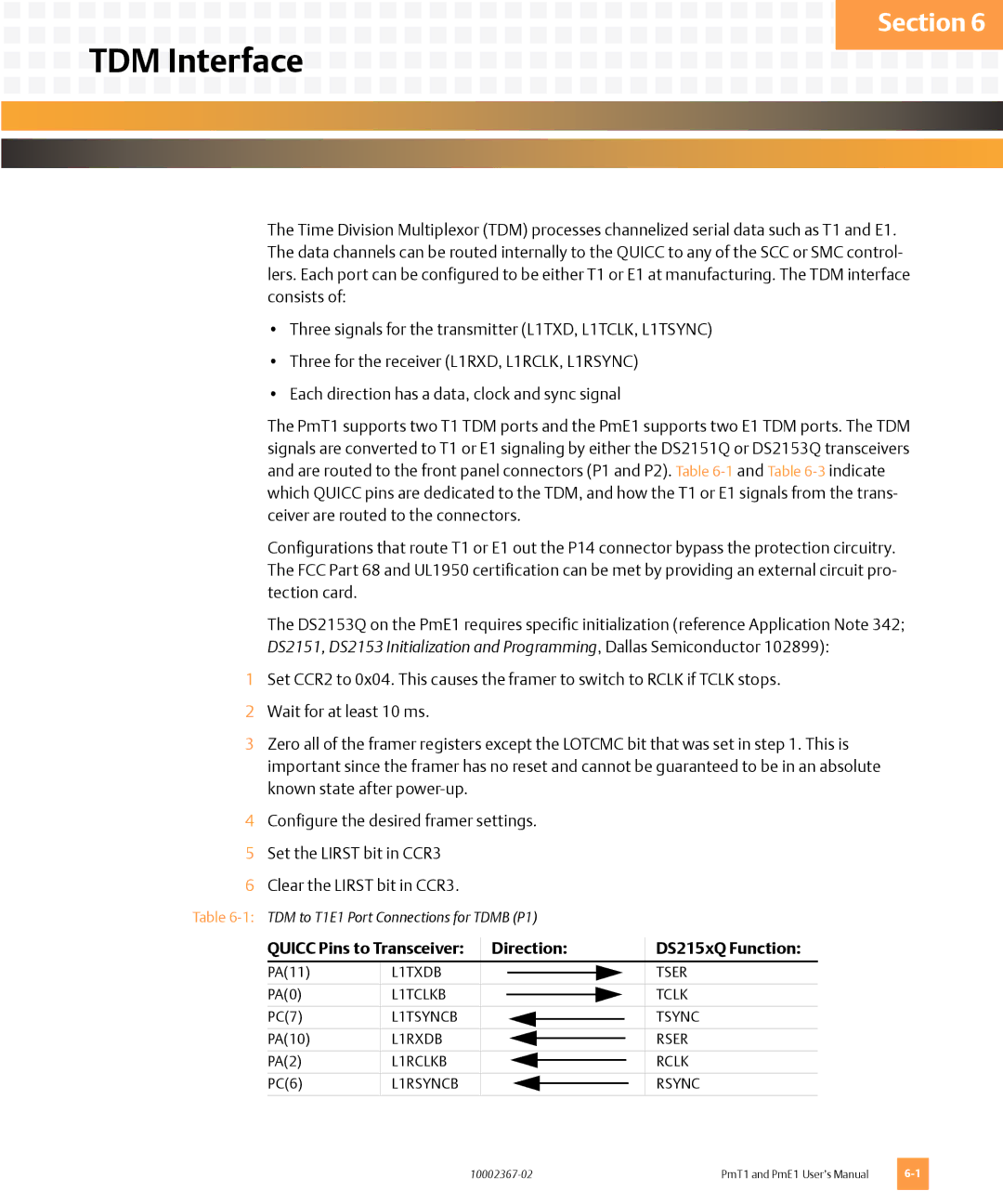 Emerson PMT1, PME1 user manual TDM Interface, Quicc Pins to Transceiver Direction DS215xQ Function 