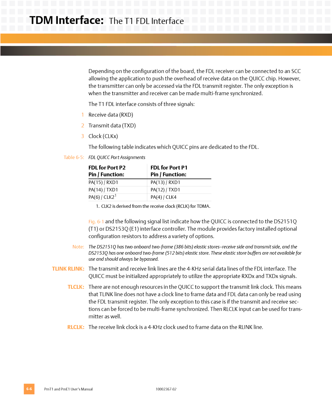 Emerson PME1, PMT1 user manual TDM Interface The T1 FDL Interface, FDL for Port P2 FDL for Port P1 Pin / Function 