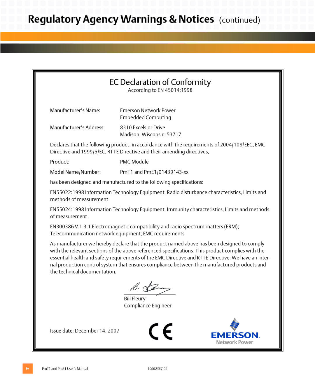 Emerson PME1, PMT1 user manual Manufacturer’s Name, Product, Model Name/Number 