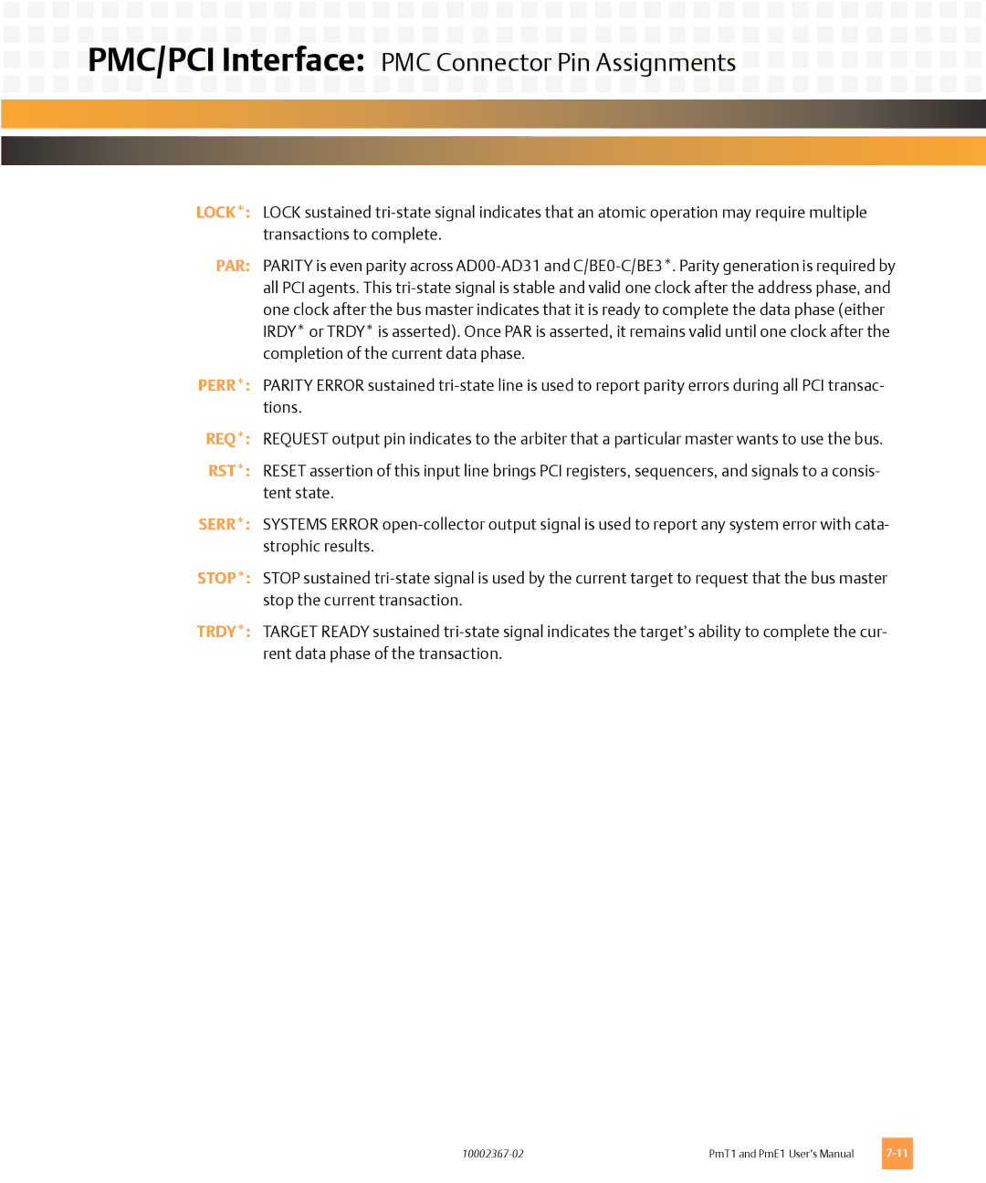 Emerson PMT1, PME1 user manual PMC/PCI Interface PMC Connector Pin Assignments 