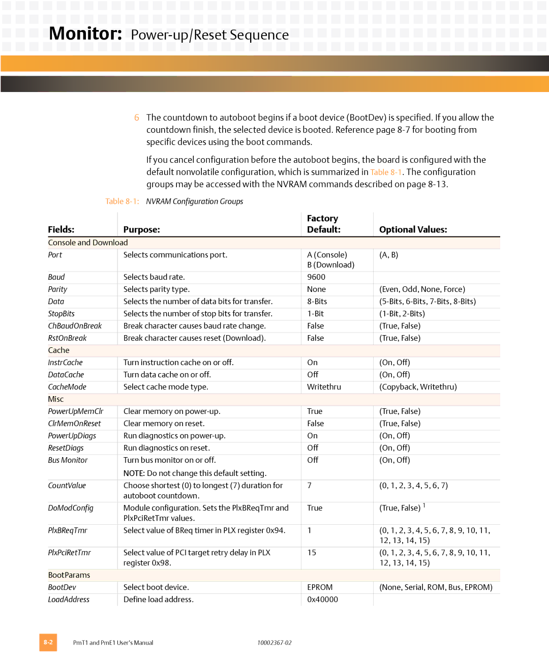 Emerson PME1, PMT1 user manual Monitor Power-up/Reset Sequence, Factory Fields Purpose Default Optional Values 