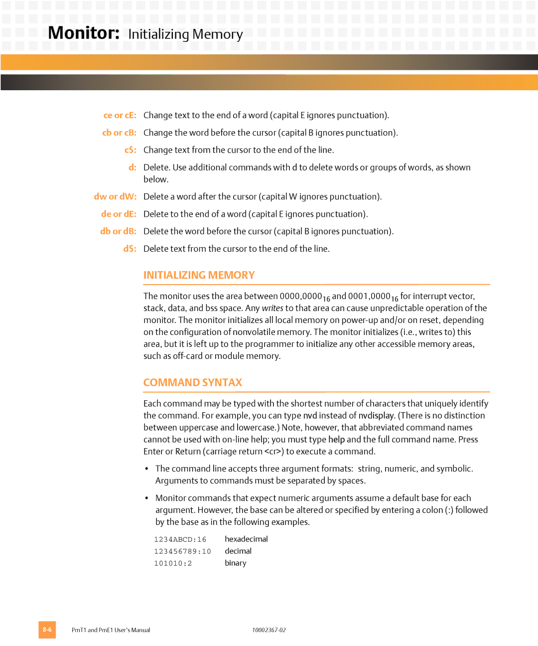 Emerson PME1, PMT1 user manual Monitor Initializing Memory, Command Syntax 