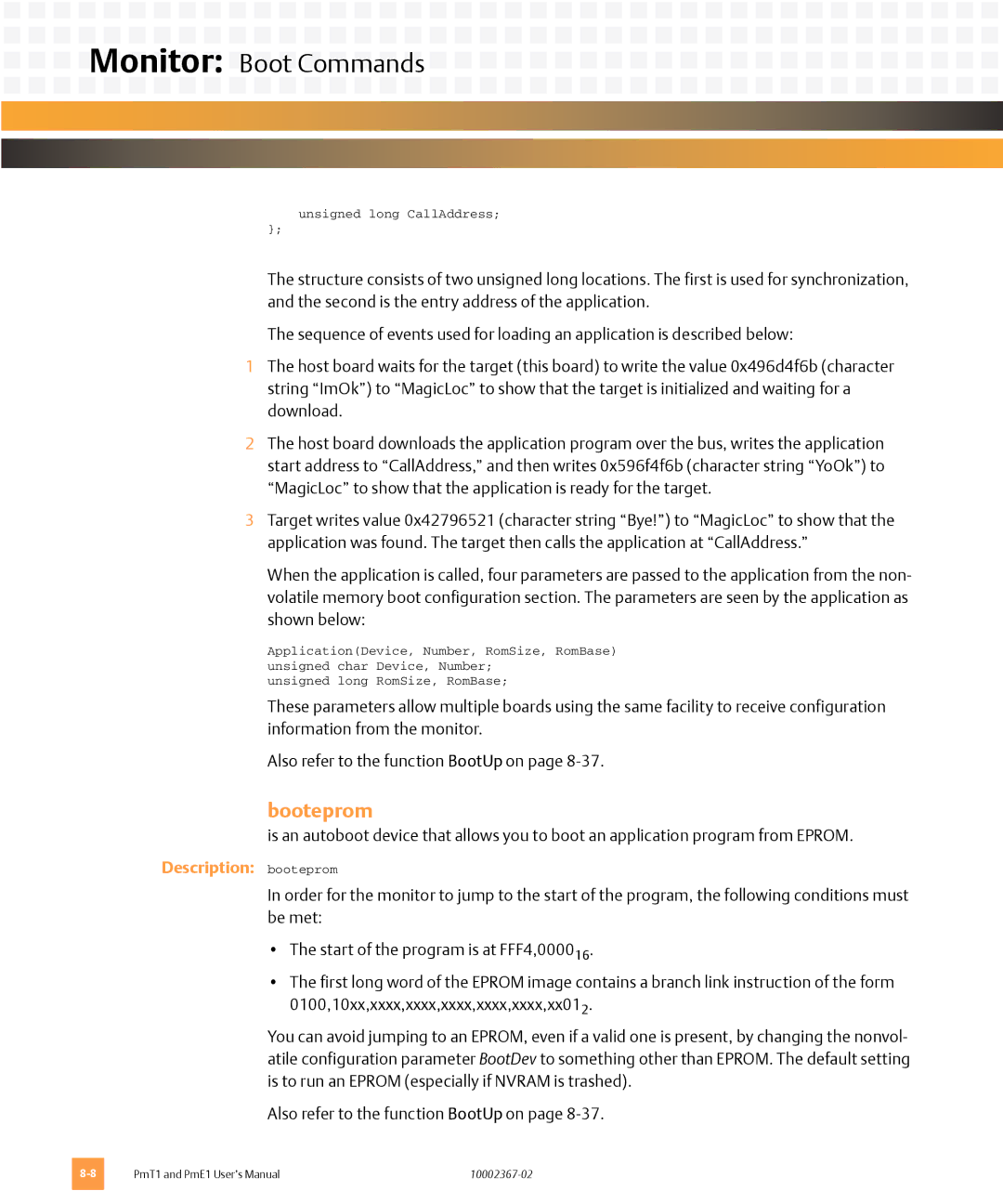 Emerson PME1, PMT1 user manual Monitor Boot Commands, Booteprom 